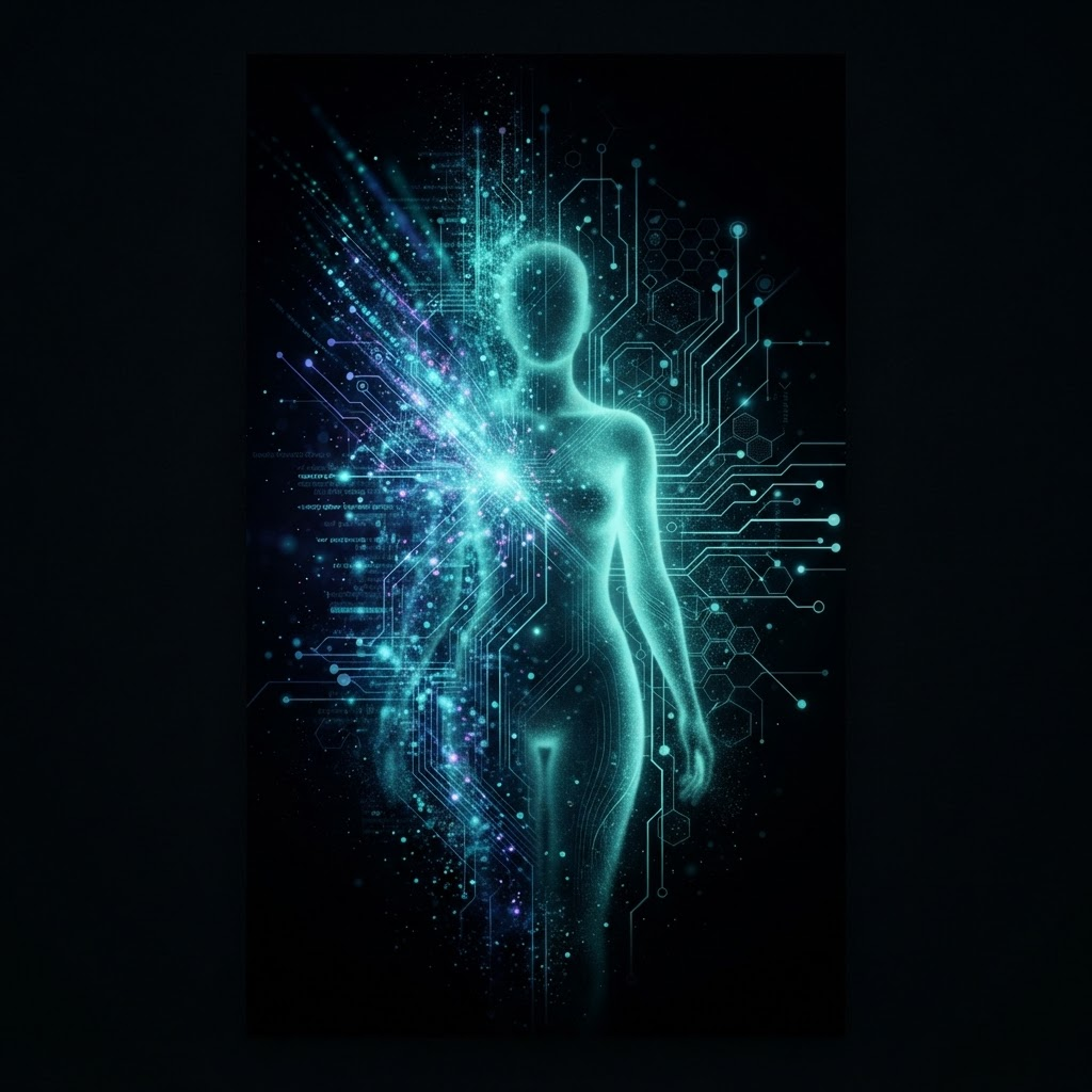 Human-first AI collaboration visualized as a glowing silhouette merging with digital particle streams